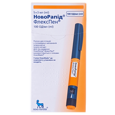 НОВОРАПІД® ФЛЕКСПЕН® розчин для ін`єкцій, 100 ОД/мл по 3 мл у картриджі, по 1 картриджу у багатодозовій одноразовій шприц-ручці №5